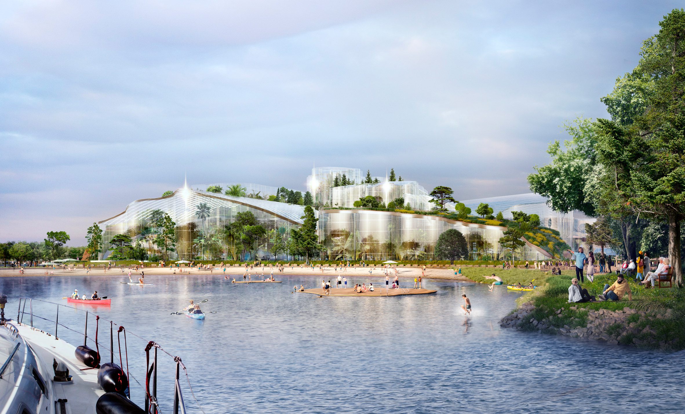 A visualisation of Ontario Place being turned into a wellness destination