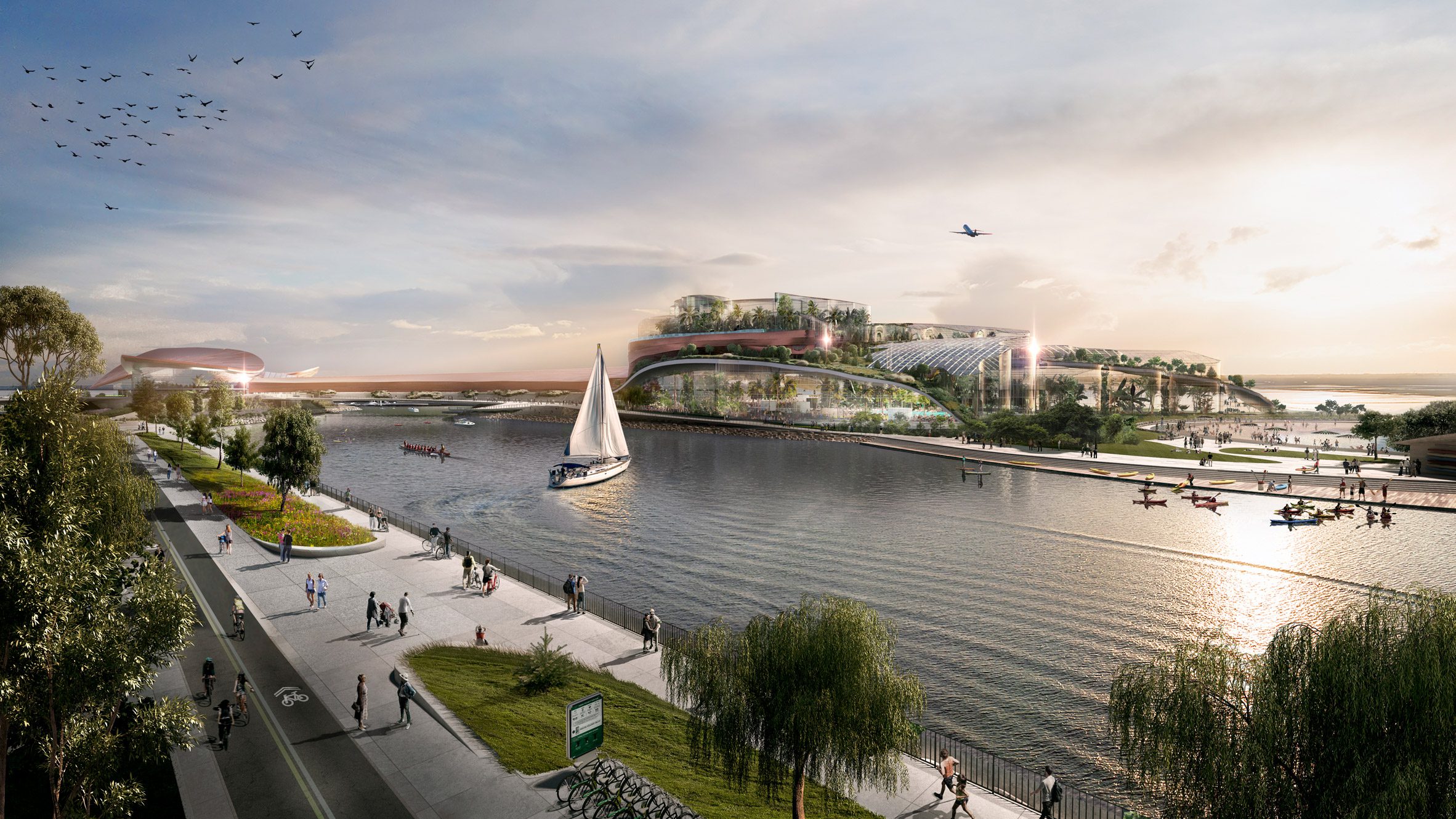A visualisation of Ontario Place being turned into a wellness destination