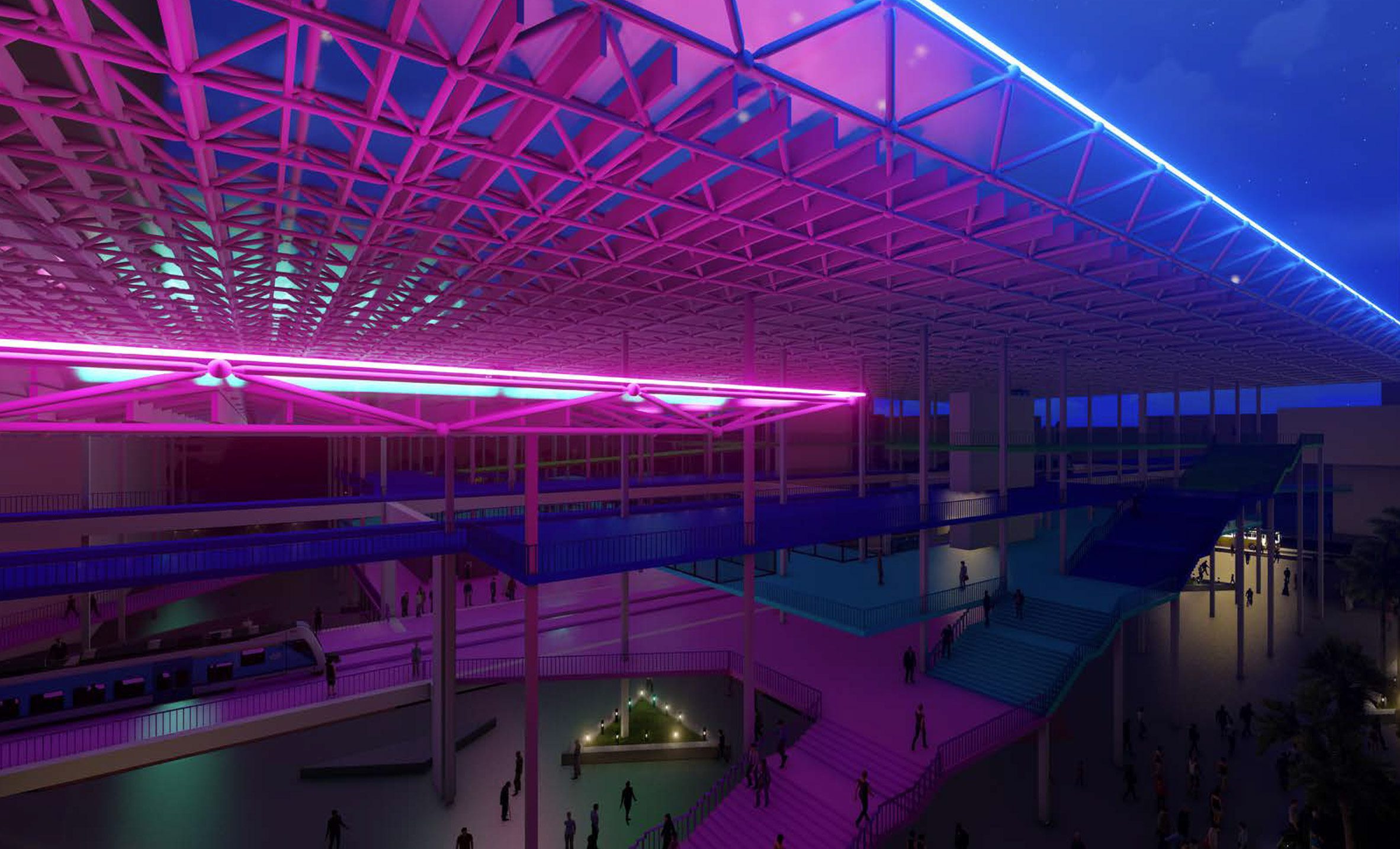 A visualisation of an urban shopping centre-like environment with neon lighting