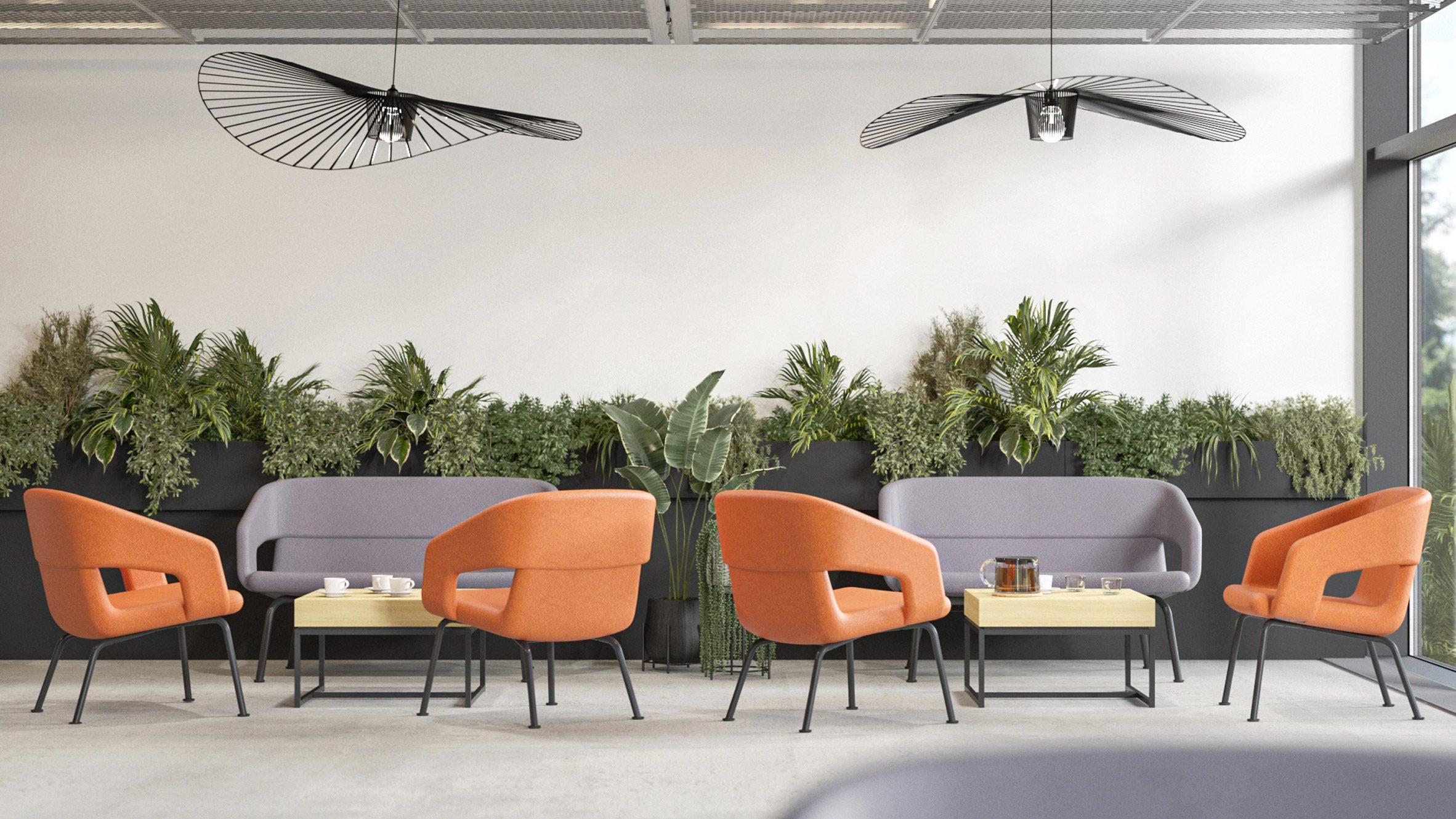 Narbutas seating with low backs in orange an purple within a casual cafe setting