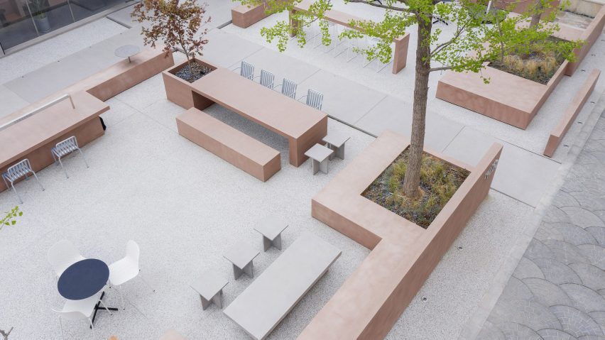 Outdoor seating area with blocky furniture