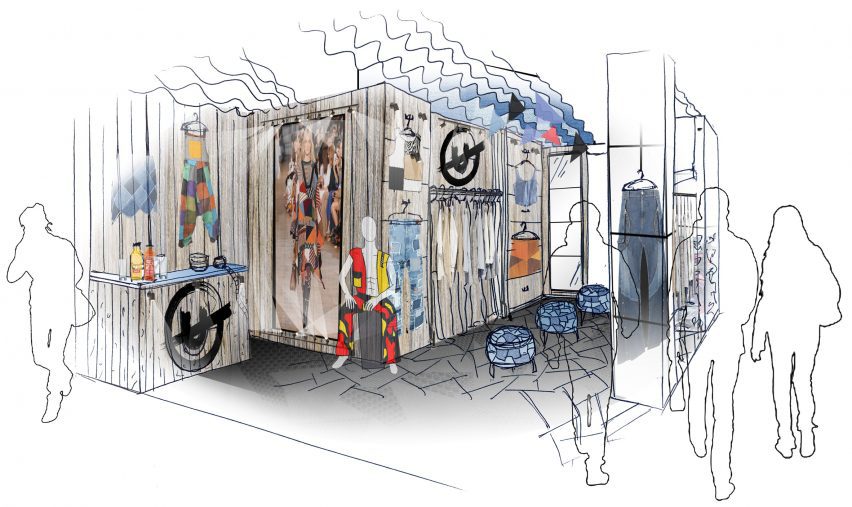 An illustration of a pop-up shop that sells sustainable clothing