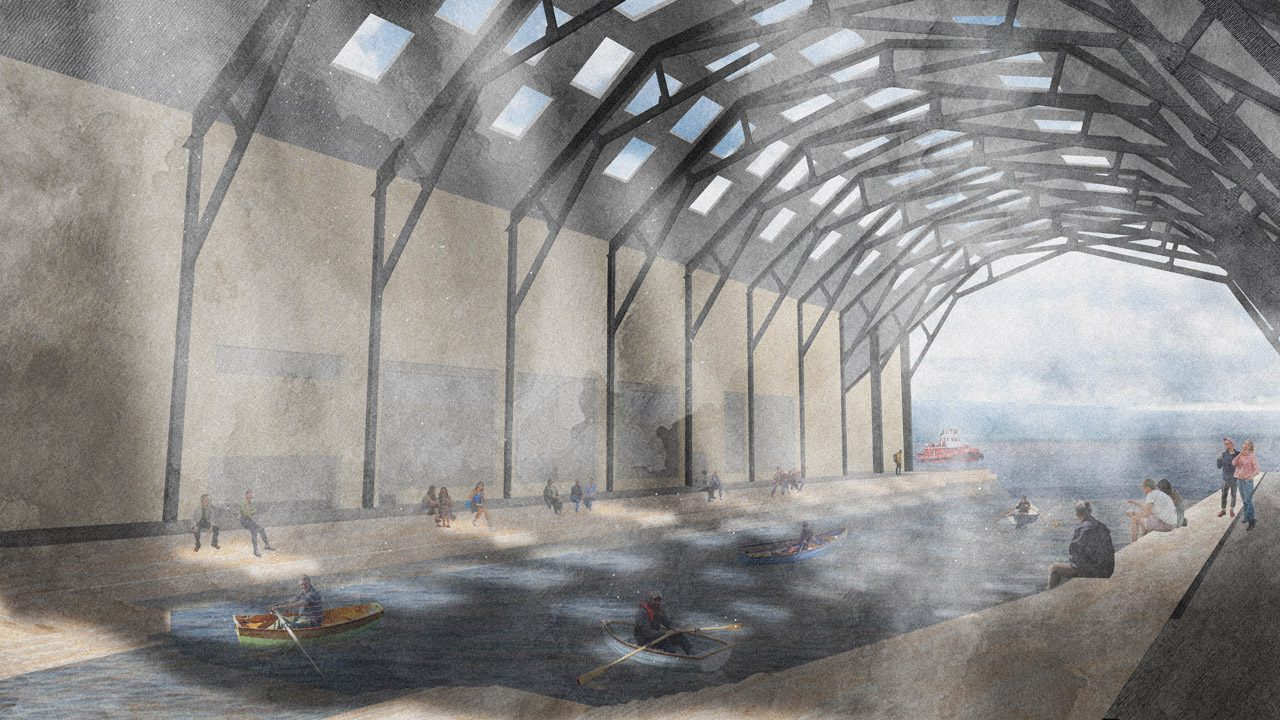Visualisation showing people in hangar-like structure with sea flowing into it