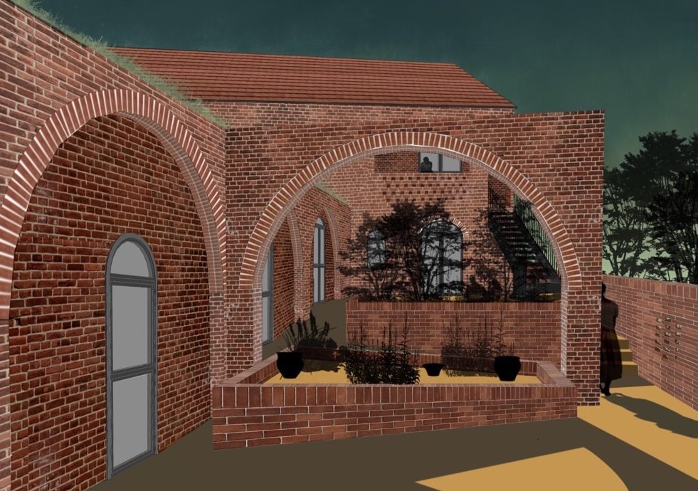 An illustration of a warehouse made with bricks