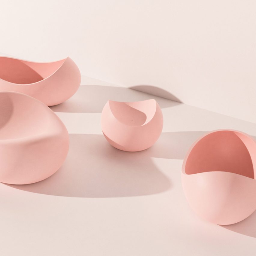 Biomorphic shaped, powder pink objects on a neutral background