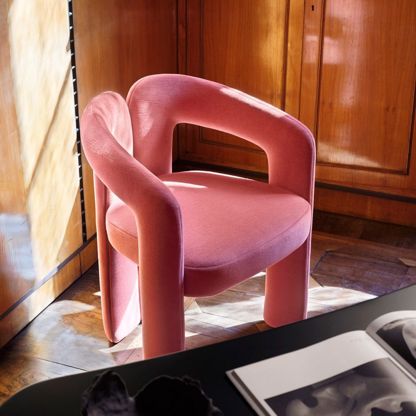 A pink Dudet dining chair