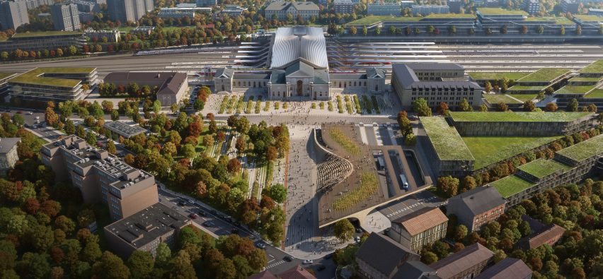 A aerial visual of the planned Vilnius railway station renovationrender of the Green Connect renovation of Zaha Hadid Architects