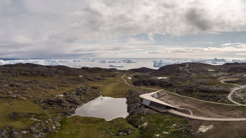 Aerial view of the center of the Ilulissat ice fjord by Dorte Mandrup Arkitekter