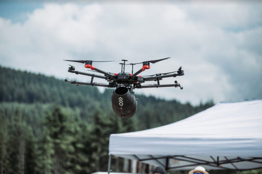 A drone flying above a gazebo