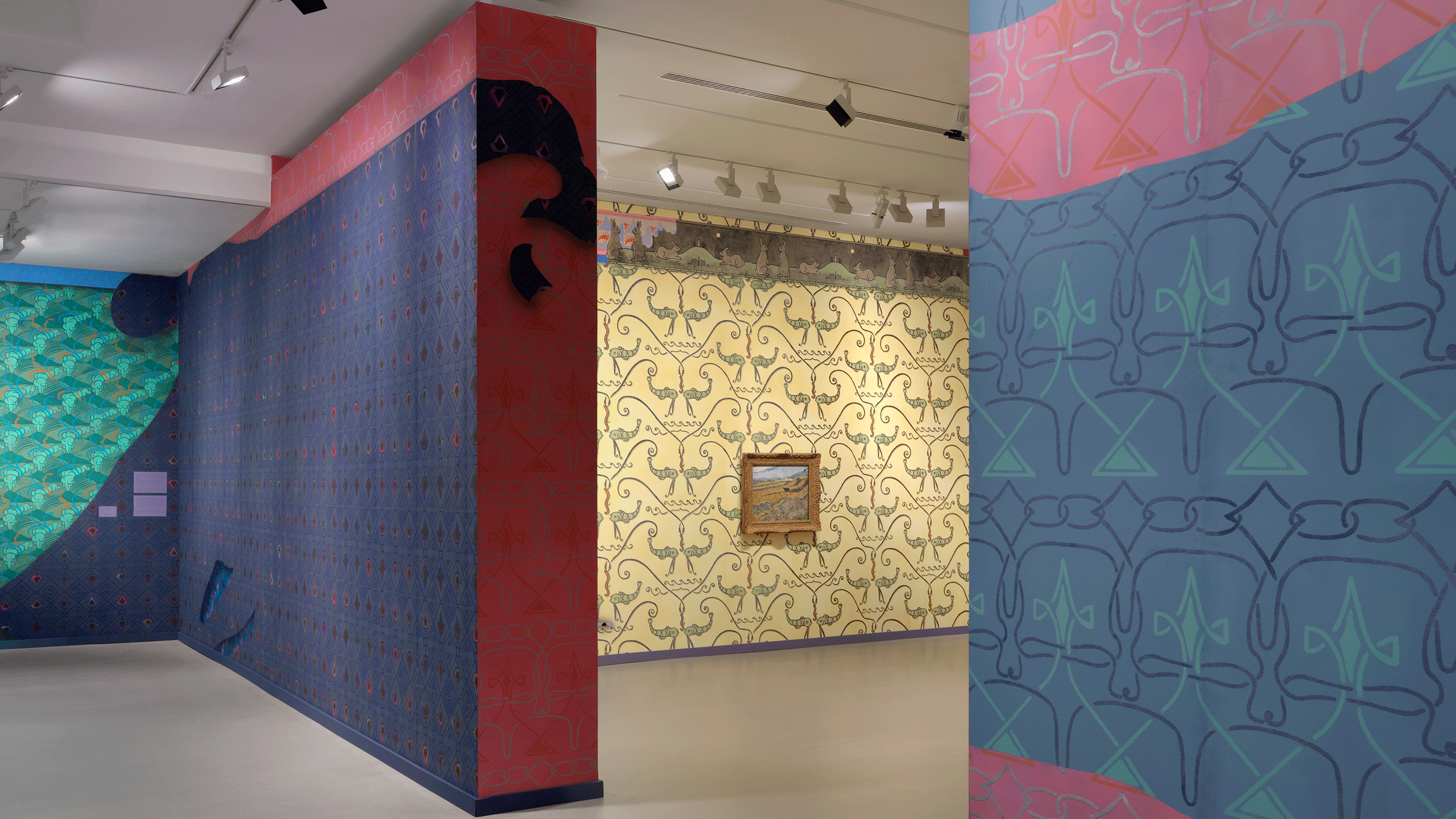 Colourful patterned wallpaper at the Laura Owens and Vincent van Gogh exhibition