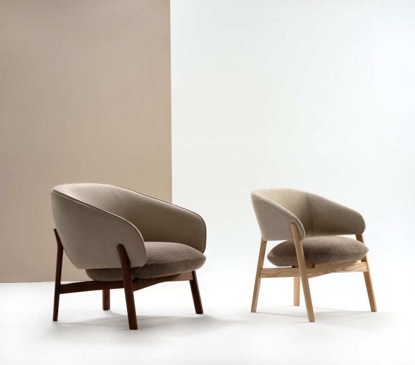 Lugano signature lounge chair in brown and Lugano smaller lounge chair in beige