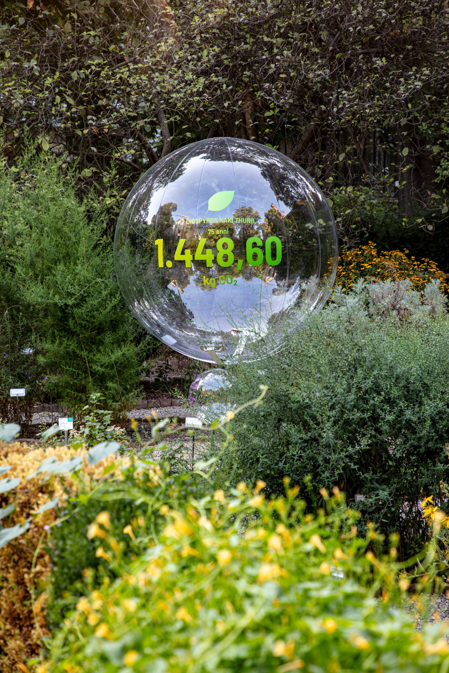 A transparent sphere with the number 1,448.60 printed on it