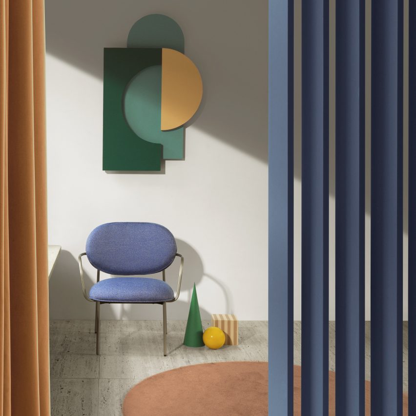 Installation featuring Blume lounge armchair by Sebastian Herkner for Pedrali in blue