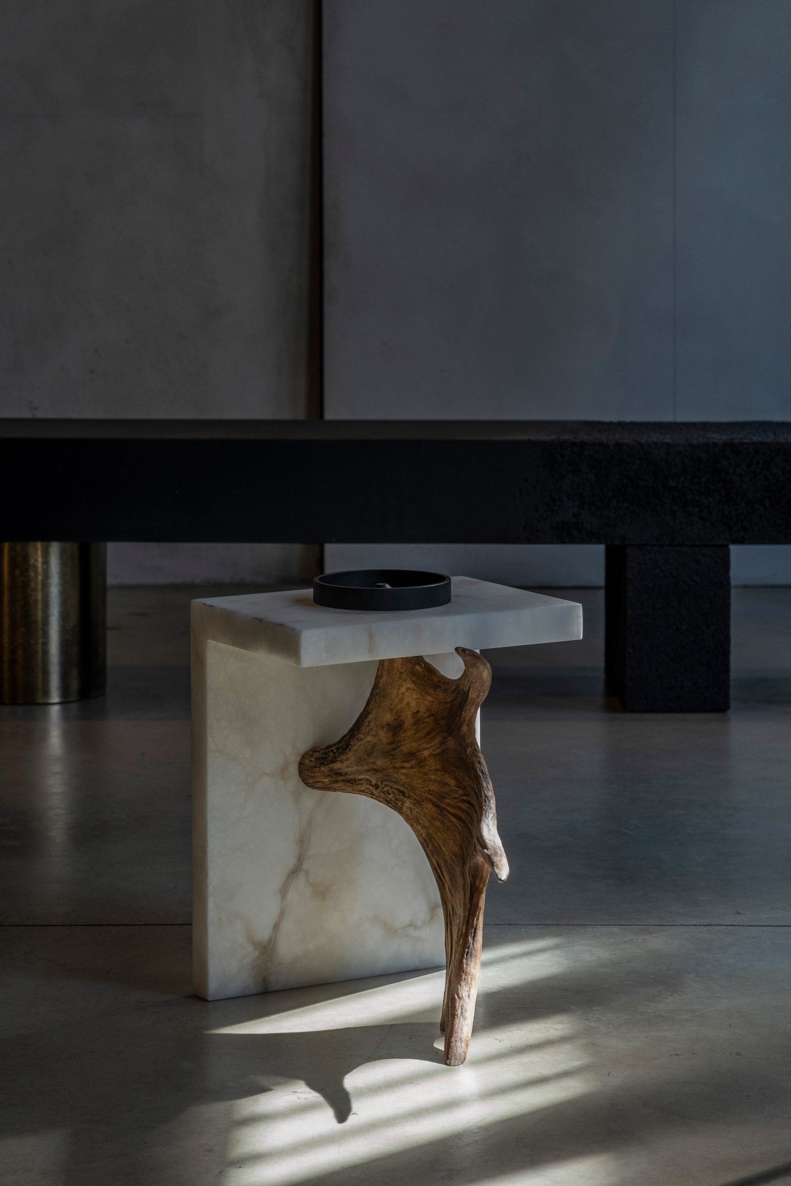 Stag T table with antler and copper ashtray by Rick Owens