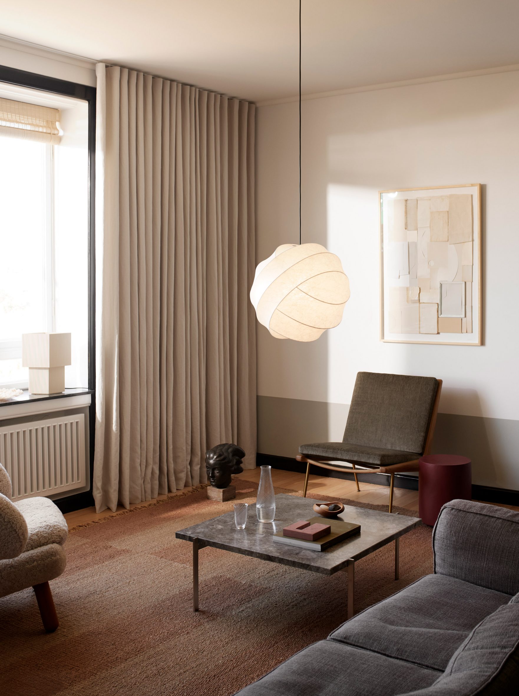 A white light in a grey living room interior