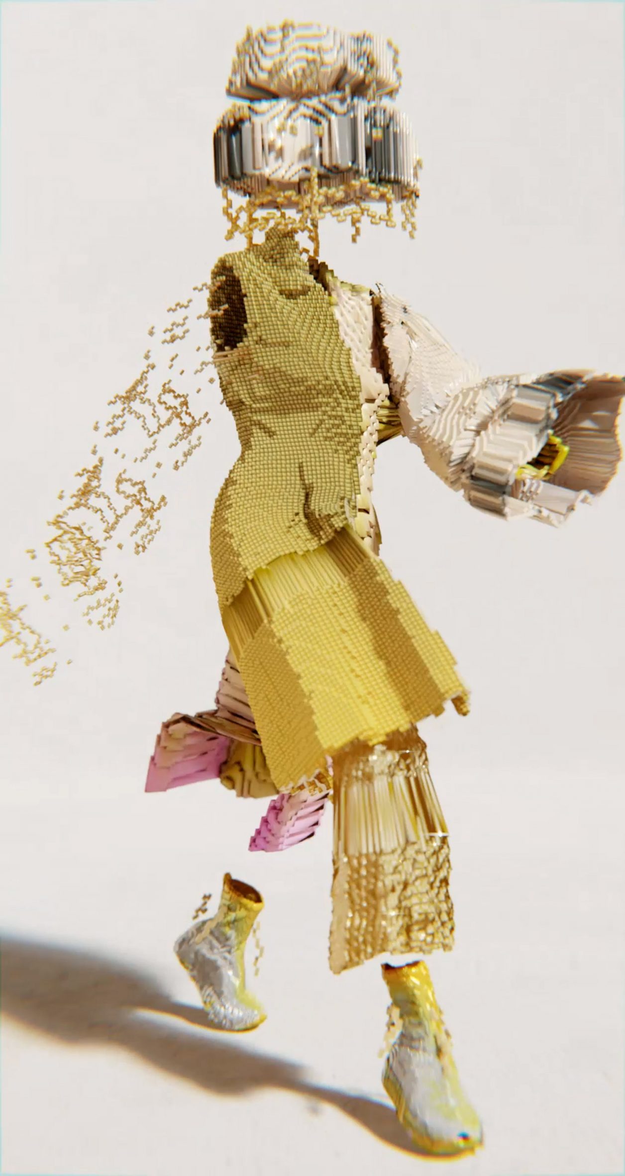 The Decrypted Garments collection included a gold look pictured mid-walk