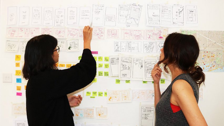Two people standing next to a wall reviewing diagrams and related notes