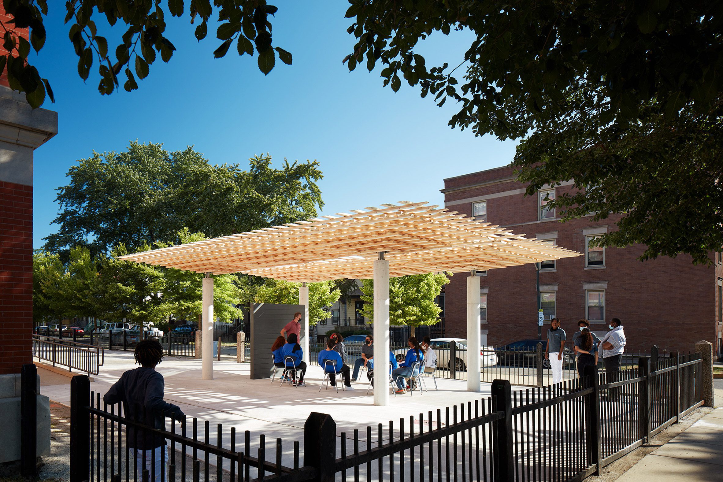 SPLAM pavilion being used as an outdoor classroom at EPIC Academy in Chicago