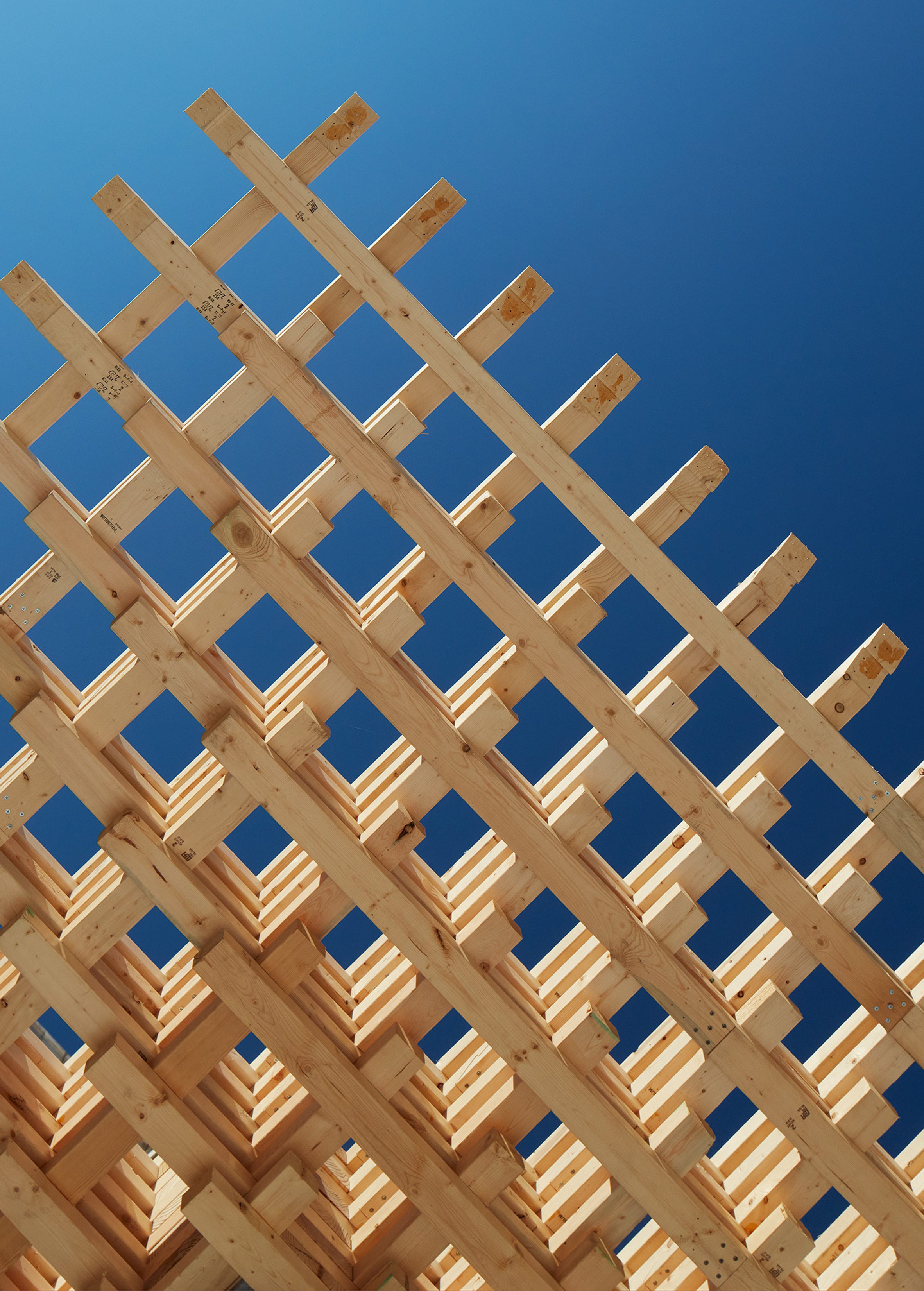 Interlocked wood pieces forming a grid-like roof on the SPLAM pavilion