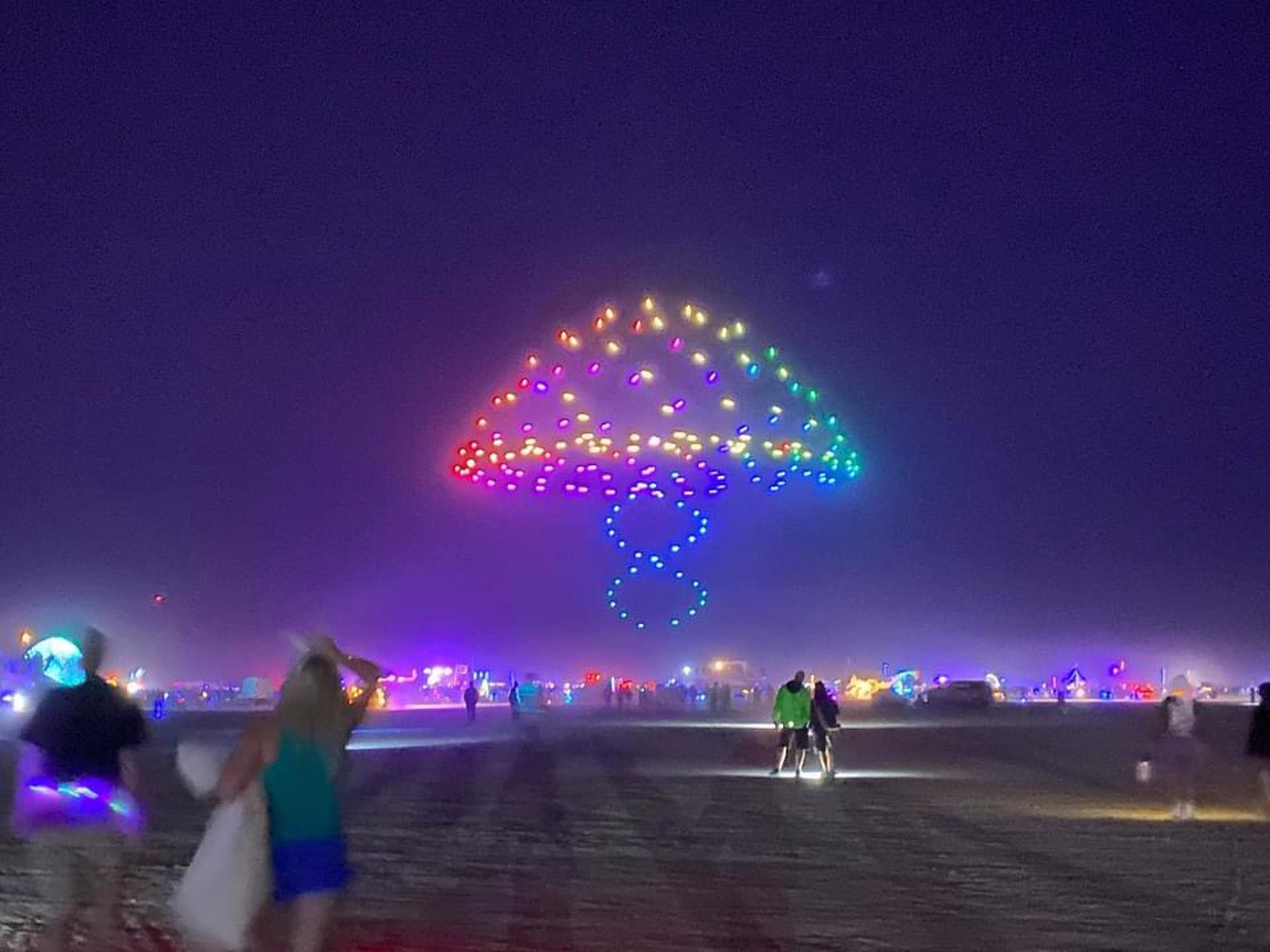A mushroom shaped light installation at Burning Man