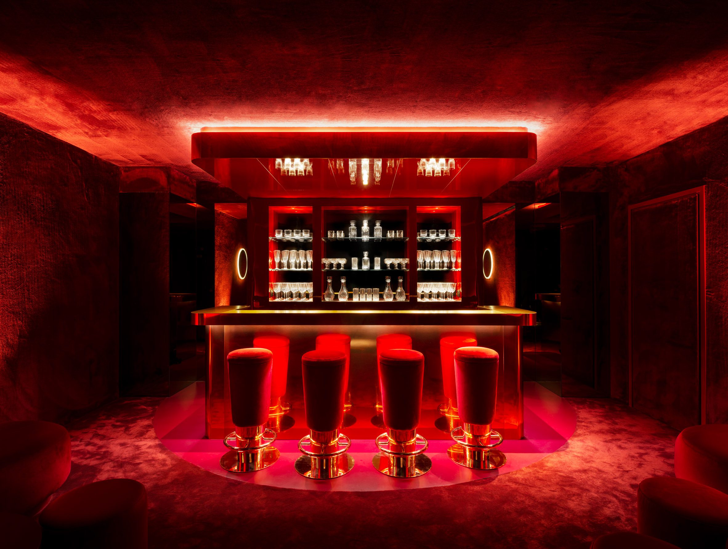 A bar space has a bright red hue 
