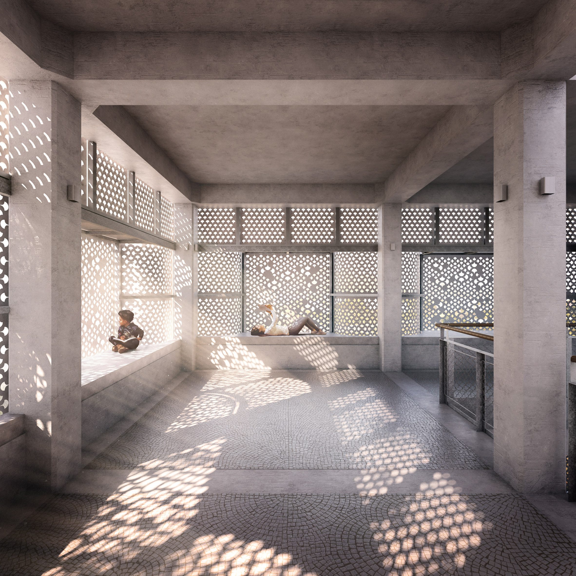 light filters through the perforated facade at Titled Third Space: The Haveli of Curiosity