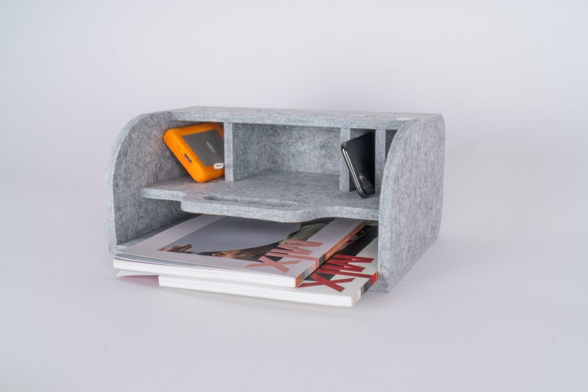 TwoWay acoustical desk organiser by Impact Acoustic placed lying down forming an in-tray
