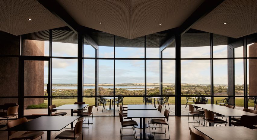 Folded panels clad the ceiling of Lonsdale Links golf club