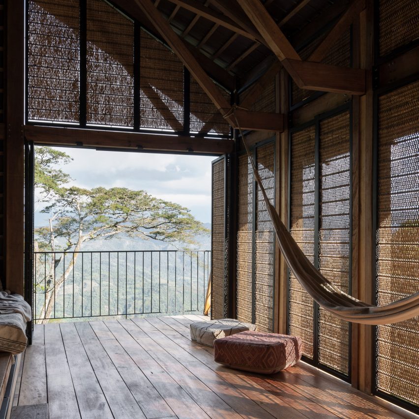 Woven screens cover cabin in Colombia by Santiago Pradilla + Zuloark