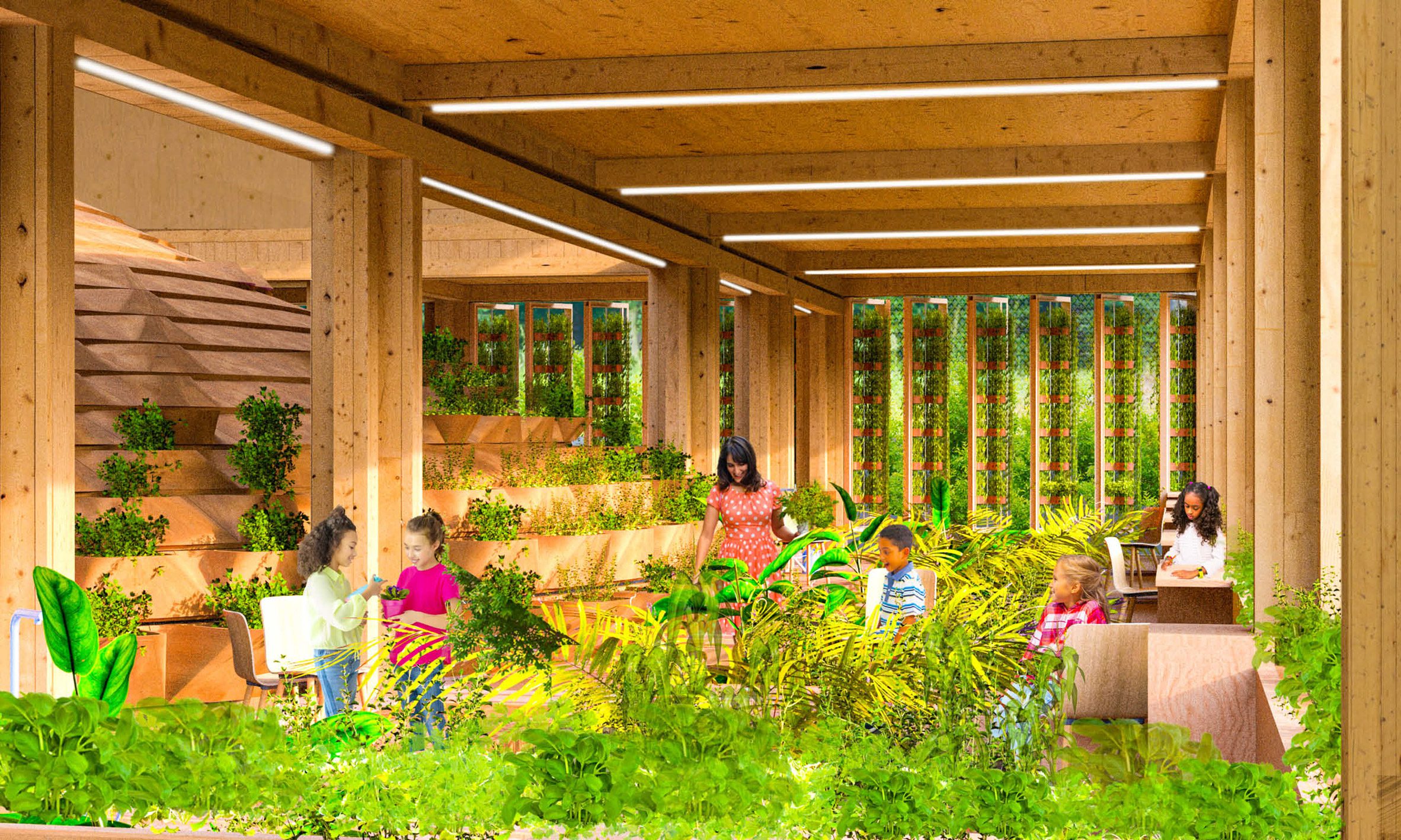 An illustration of a learning centre where students learn to grow food