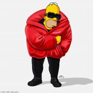Homer simpsons is dressed in a red balenciaga jacket