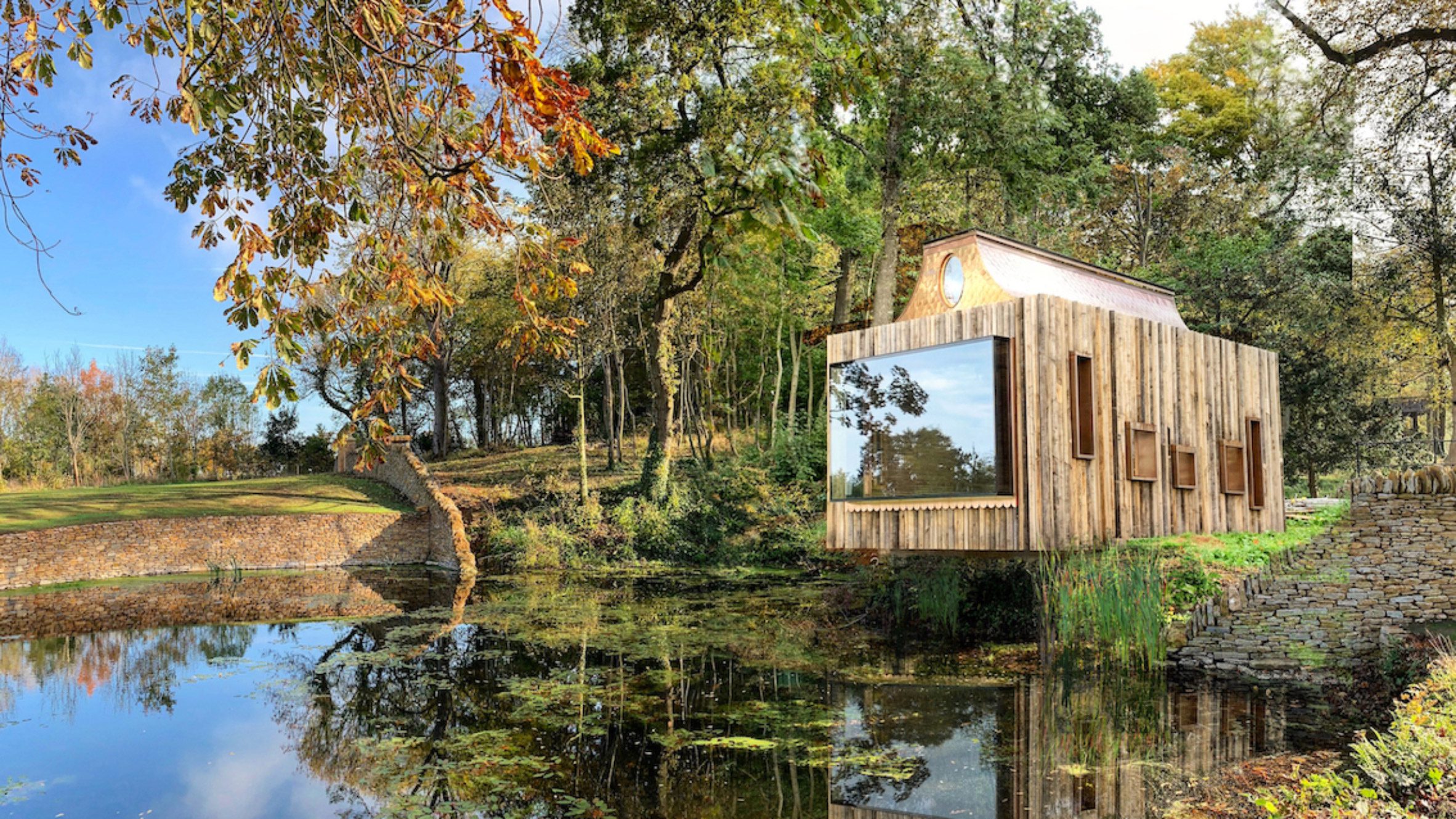 Lake view of The Beezantium by Invisible Studio at The Newt in Somerset