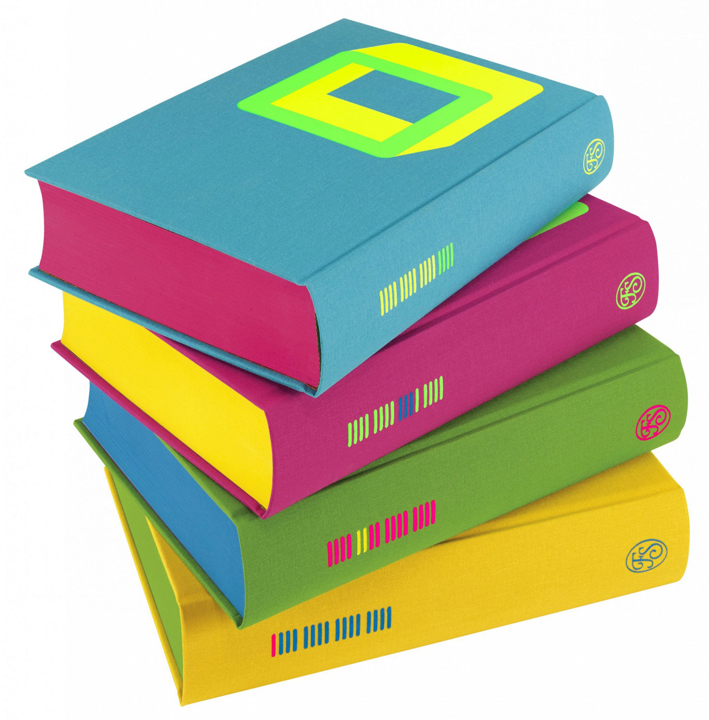 The Complete Short Stories: Philip K. Dick four volumes stacked to reveal their fluorescent page edges and a square symbol on the cover of the top volume