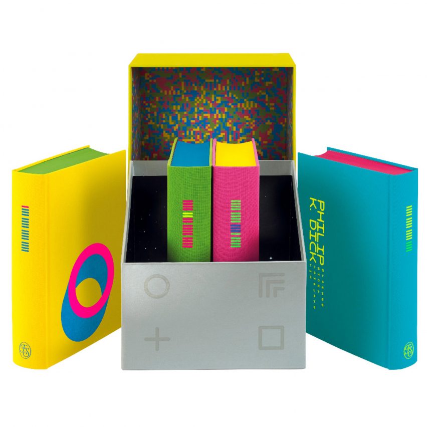 The Complete Short Stories: Philip K Dick set by The Folio Society box opened to reveal a glitch patterned lining and four neon colored volumes
