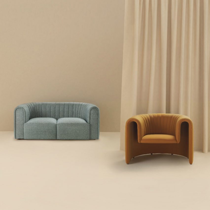 Blue Core sofa and brown Remnant armchair from Void Matters collection by Note Design Studio