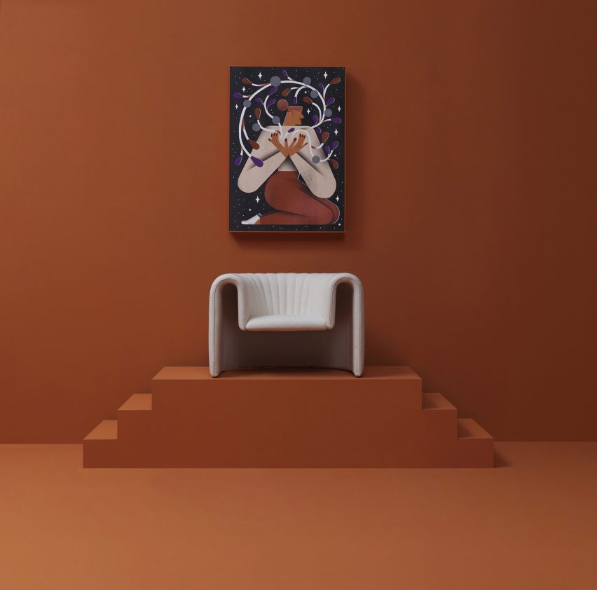 White armchair by Note Design Studio on a burnt orange pedestal