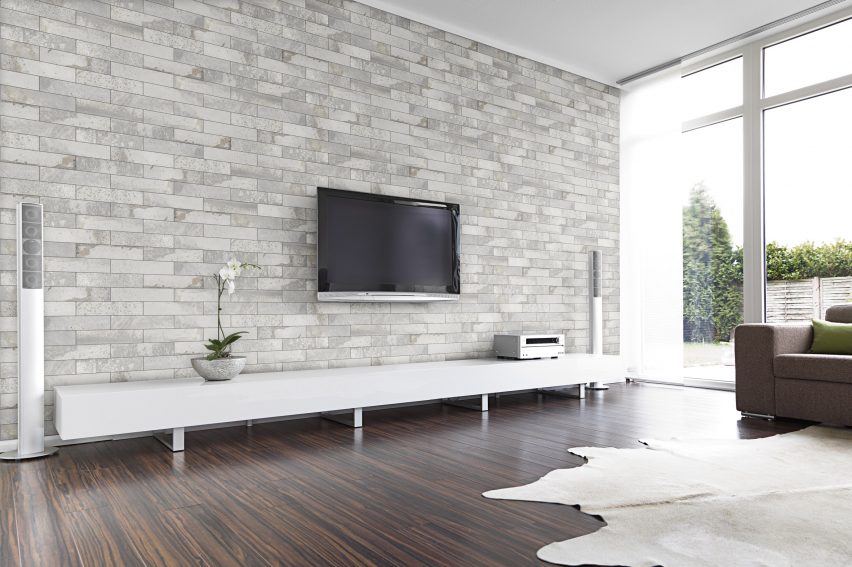 Living room with tiled wall