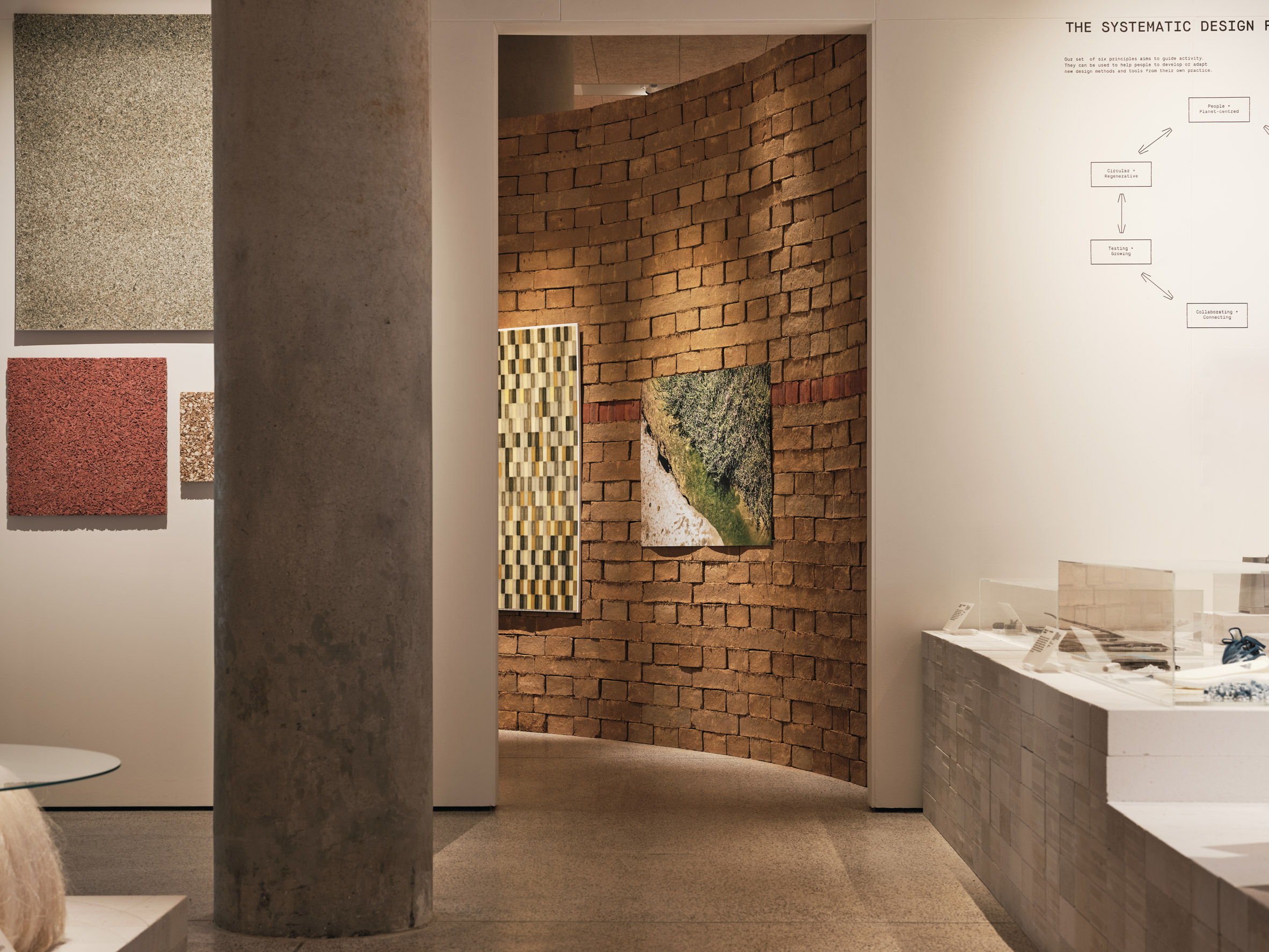 Waste Age exhibition design by Material Cultures with unfired bricks