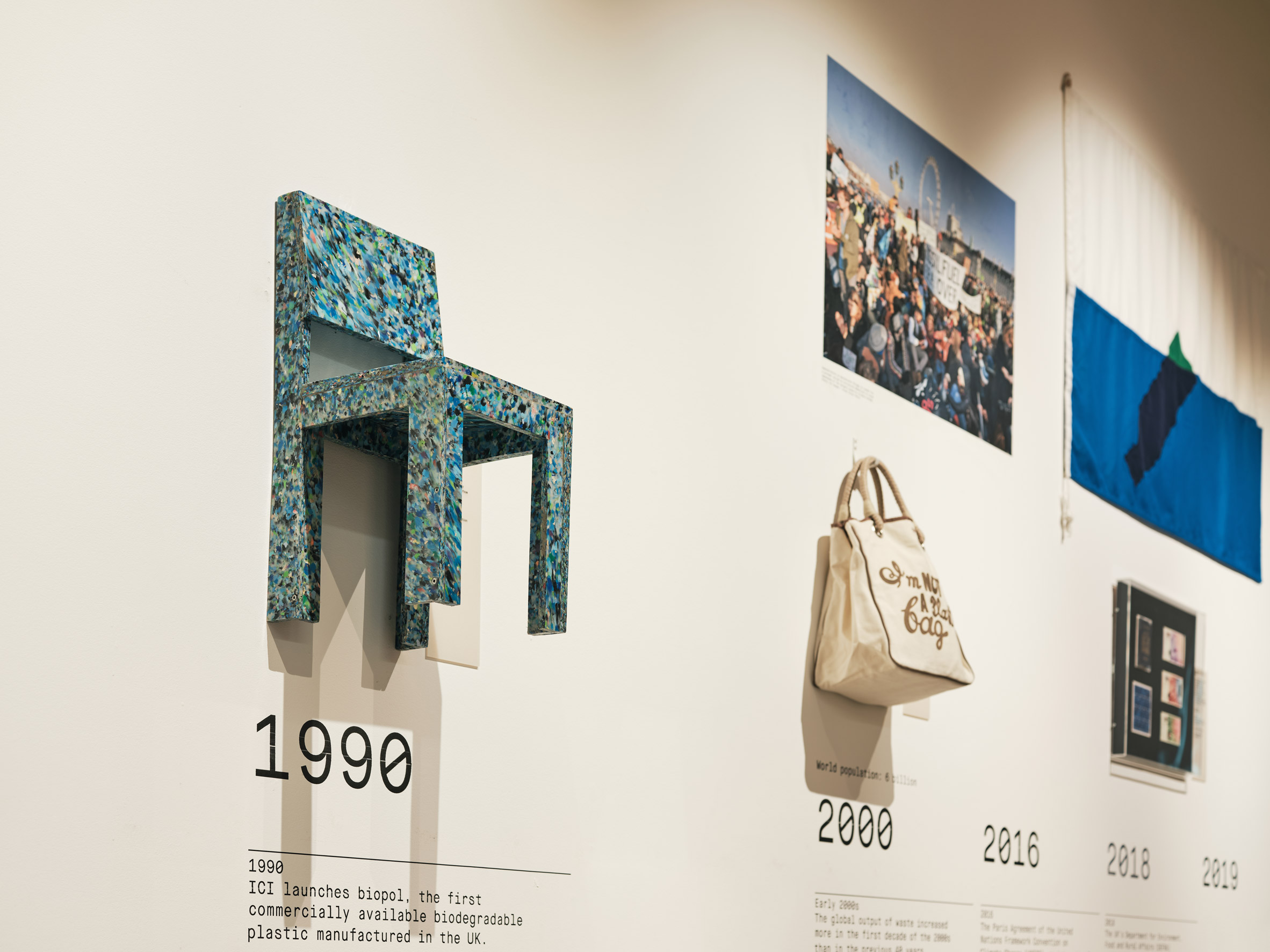 Display of recycled plastic chair at Design Museum London