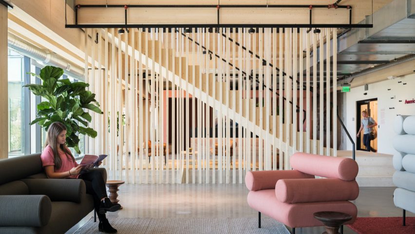 Statement timber staircase in Education First's Denver office
