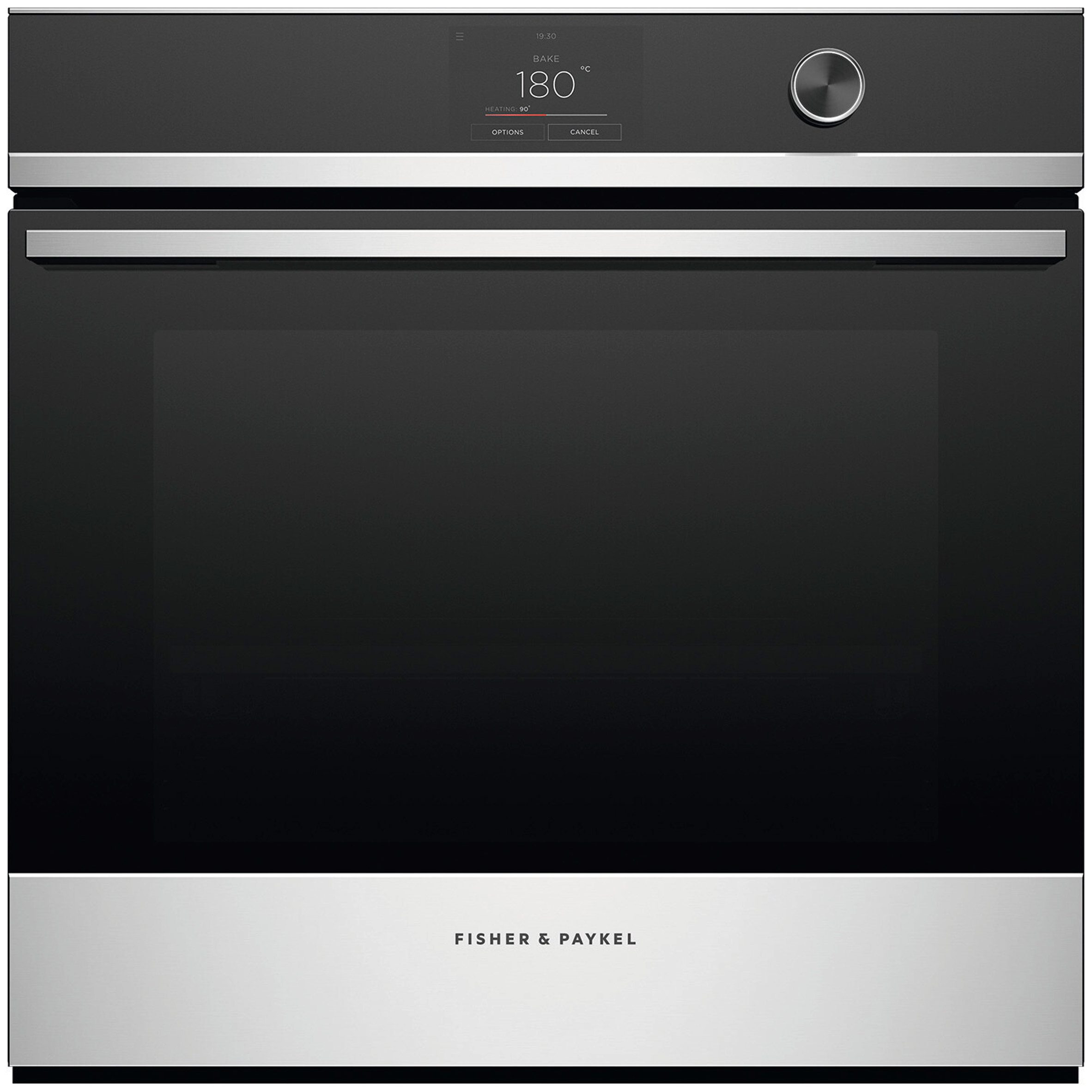 A black and silver touch screen oven
