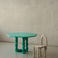Viride dining chair and dining table by Anna Maria Øfstedal Eng at Ny Normal exhibition by Fold Oslo