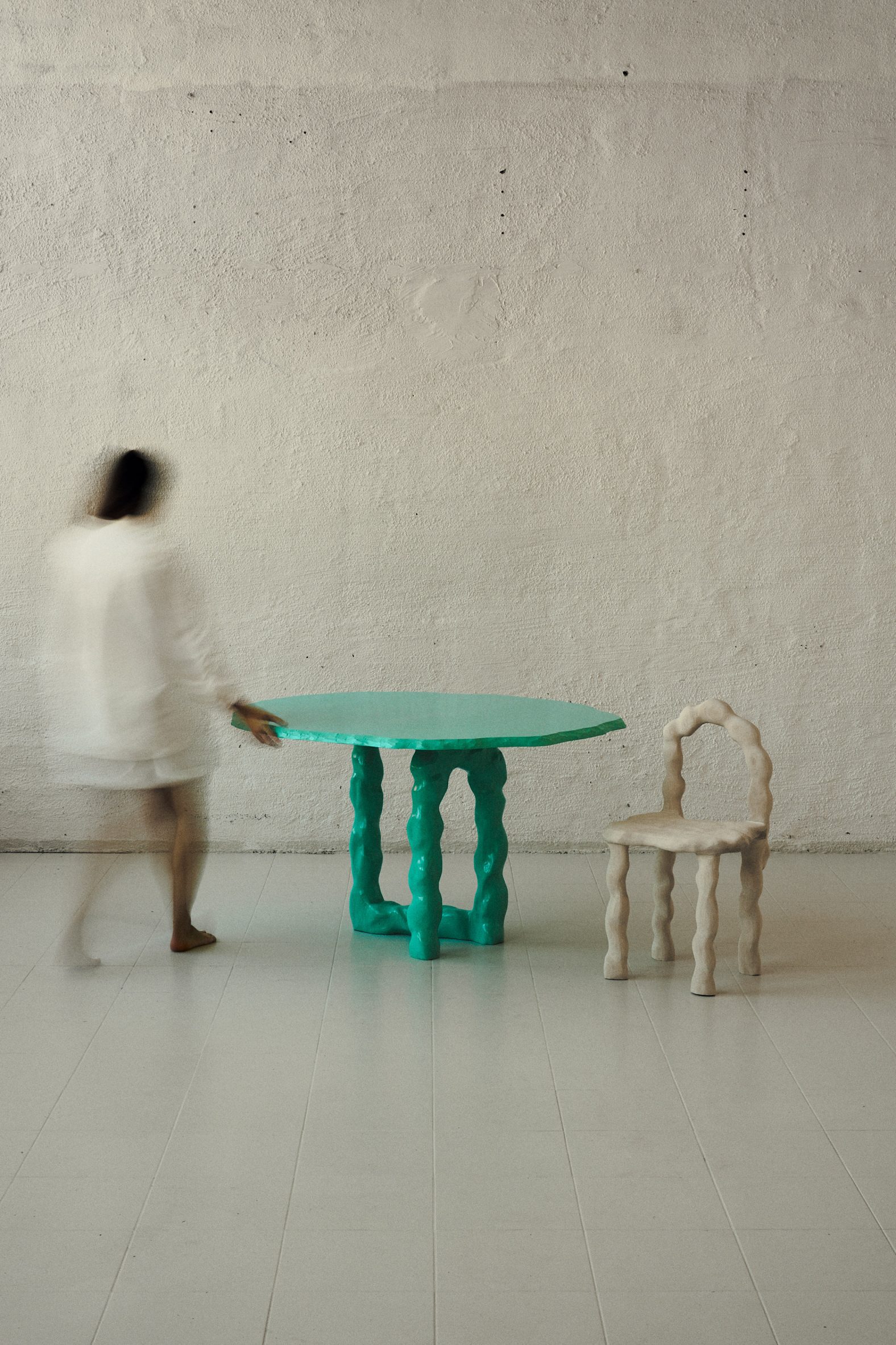 Viride dining chair and dining table by Anna Maria Øfstedal Eng at Ny Normal exhibition by Fold Oslo