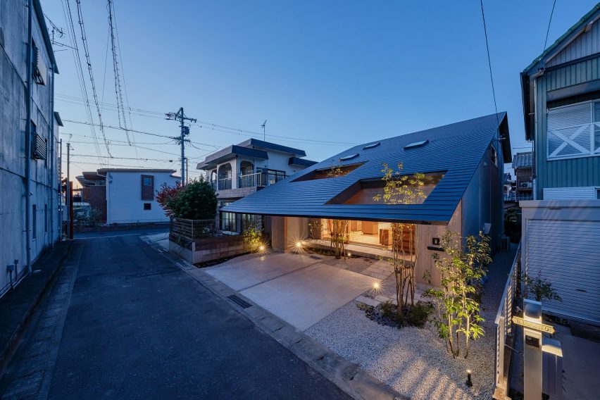 A Japanese house with overhanging roof eaves