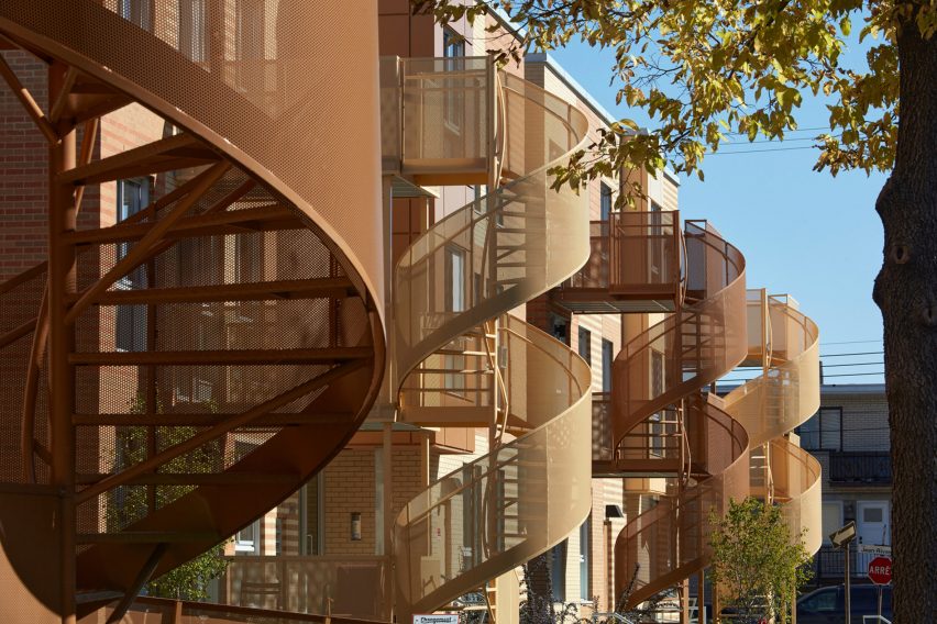 Housing complex with spiral staircases