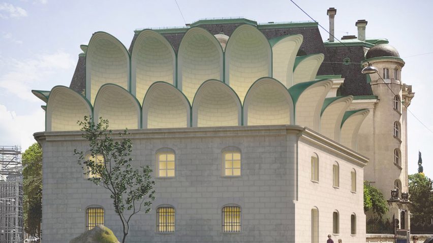 It has two rows of petal shaped volumes on its roof