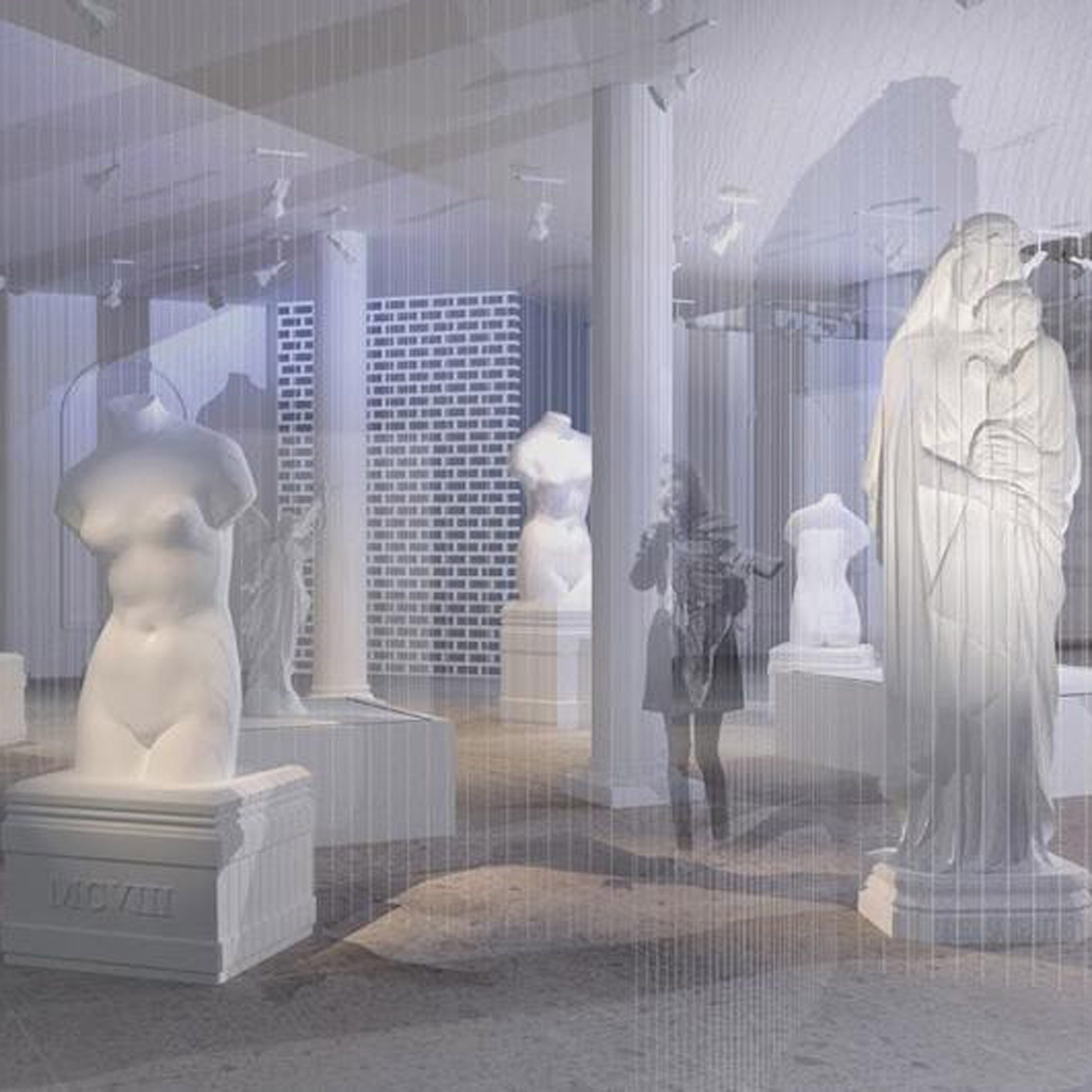 Interior rendering of a gallery space with greek marble sculpture