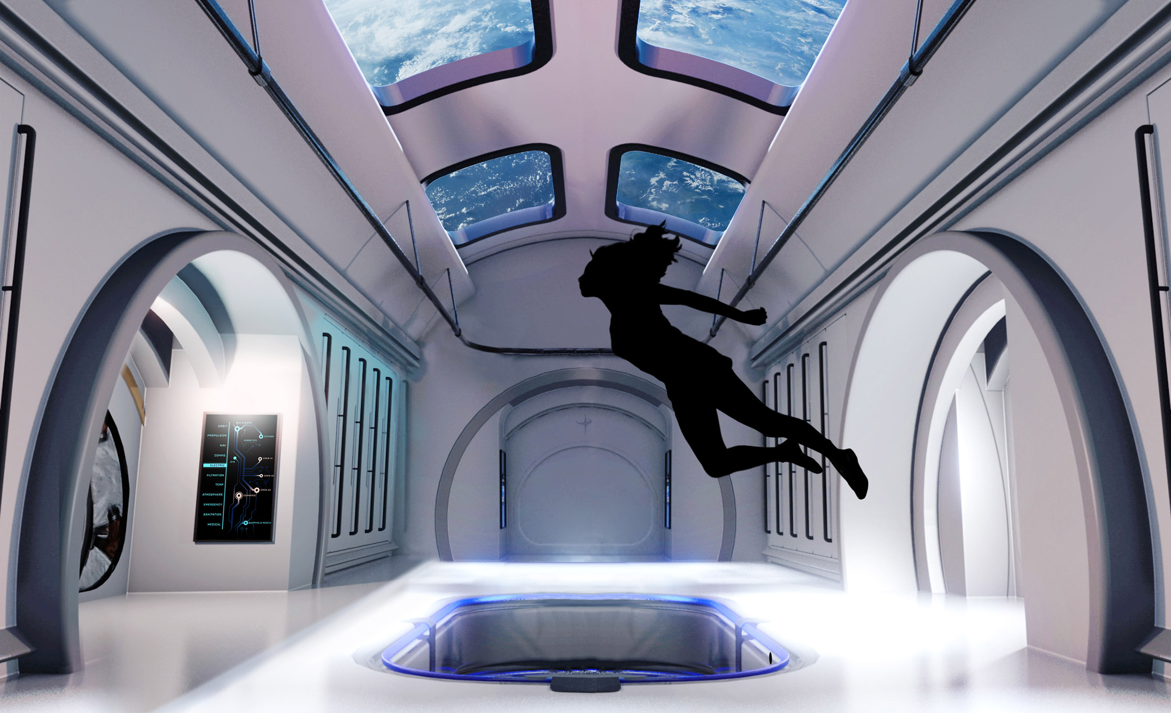 Person floating in space station