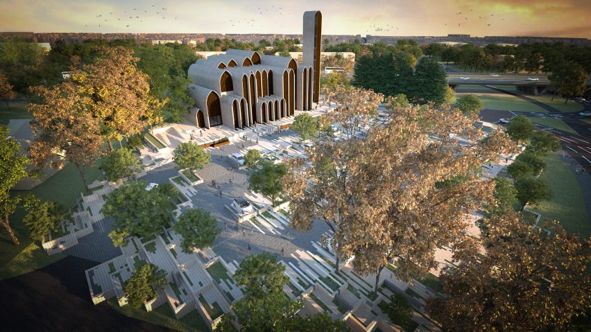 Masjid New Preston dikelilingi oleh taman parkir mobil