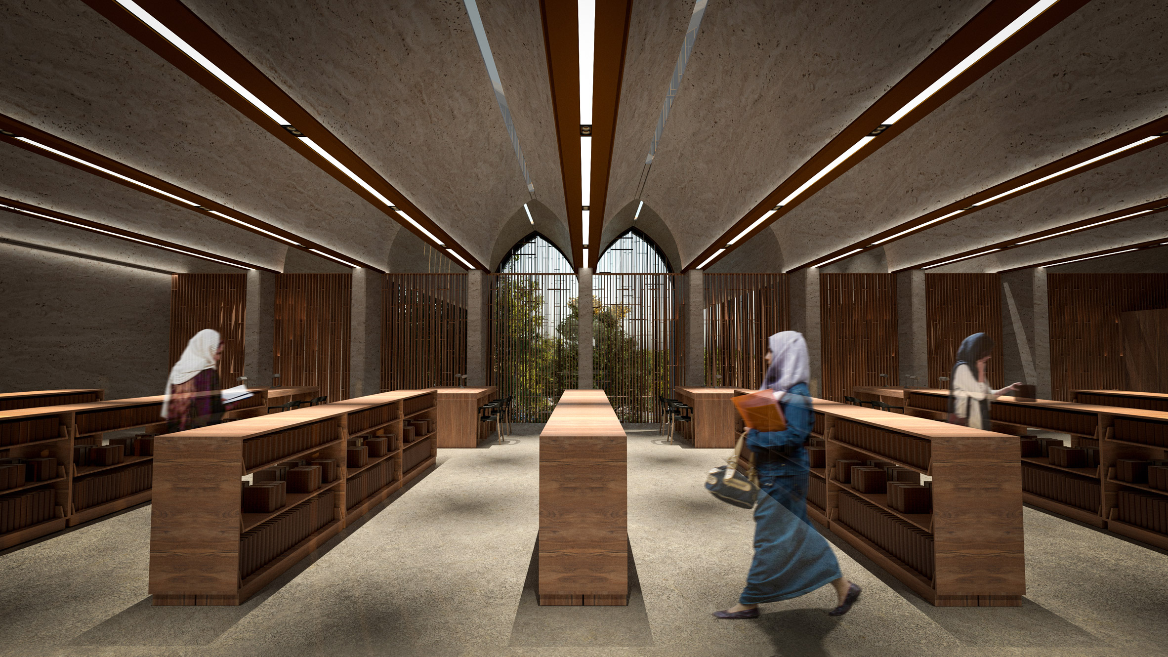 Interior render of the library at New Preston Mosque